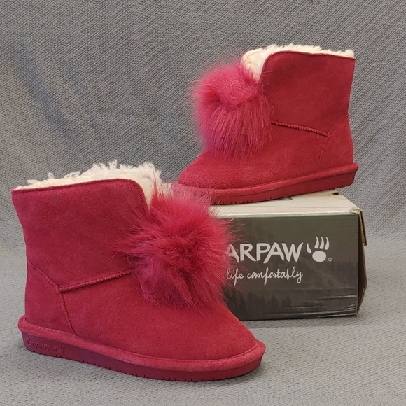 BEARPAW Suede Pom Pom Boot Cranberry Red - 8 - Picture 1 of 13
